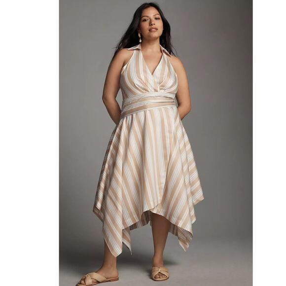 New Anthropologie Maeve Asymmetrical Wrap Shirt Dress $180 SIZE 14 Neutral Motif - Picture 1 of 10